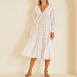 Natalie Martin Elisha Dress White Swiss Dot Tiered Long Sleeve Midi Sz S